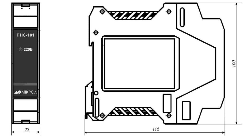 "Схема габаритных размеров преобразователя ПНС-101"